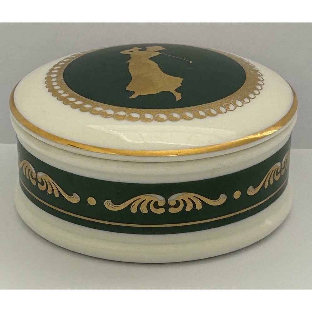 Papel 1996 Lady Golfer Small Trinket Box Round Green & White w/ Gold Accents - Picture 2 of 6